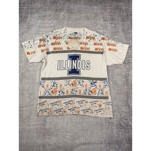 Vintage Illinois Fighting Illini Shirt Men's XL White 90s Aop Single Stitch NCAA